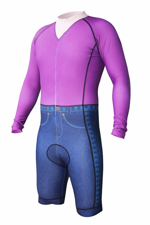 Hipster cycling skinsuit: purple long sleeve v-neck tee print over faux blue jean shorts.