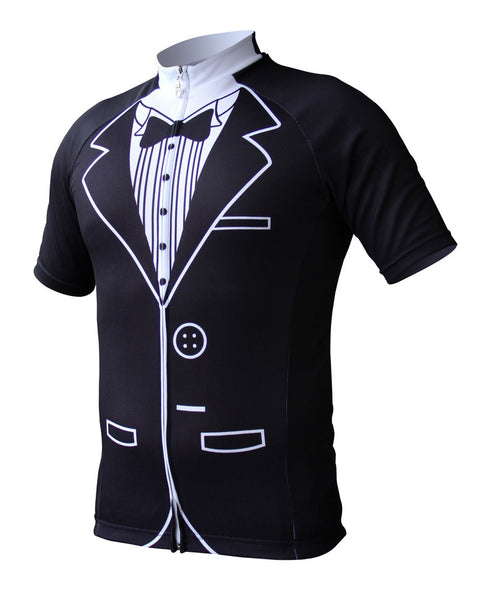 Corbah Tuxedo short sleeve cycling jersey, front: printed black tuxedo jacket with white-piped lapels, pleated shirt front and bow tie
