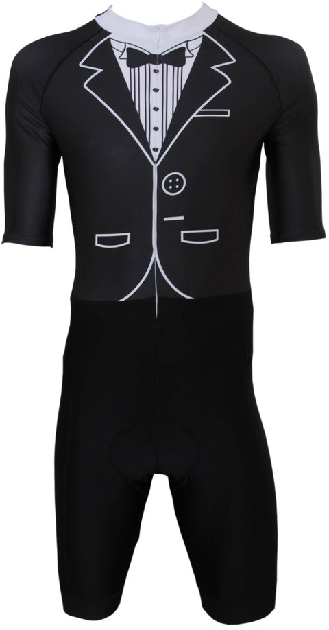 Corbah Tuxedo short sleeve cycling skinsuit, front: printed tuxedo top with bow tie and lapels, black shorts