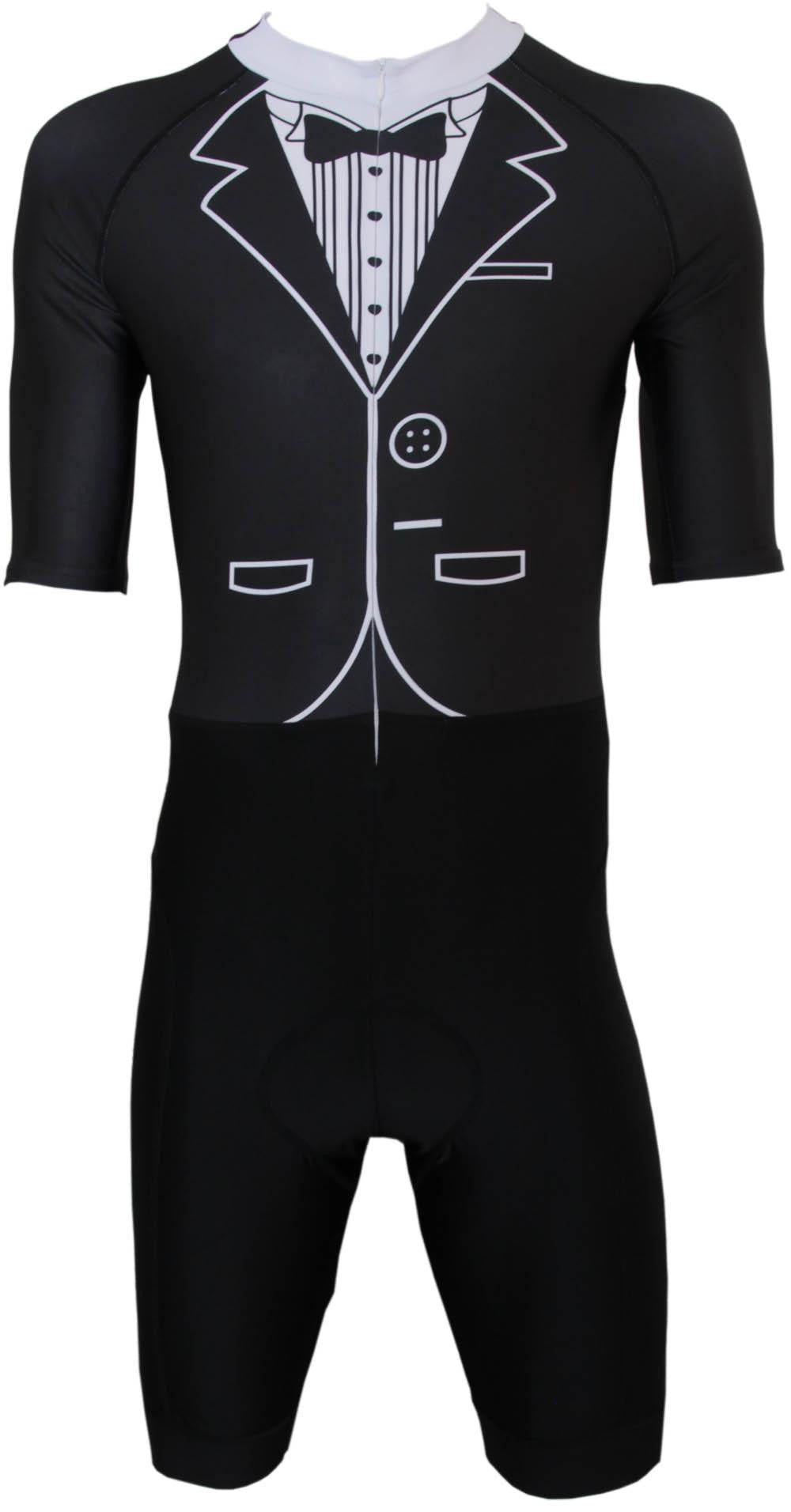 Corbah Tuxedo short sleeve cycling skinsuit, front: printed tuxedo top with bow tie and lapels, black shorts