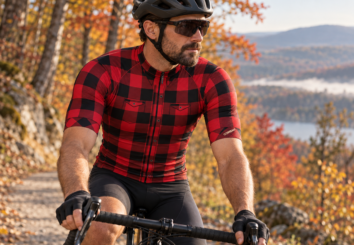 Cyclist in The Lumberjack red buffalo check jersey on an autumn gravel road. Bib shorts sold separately.