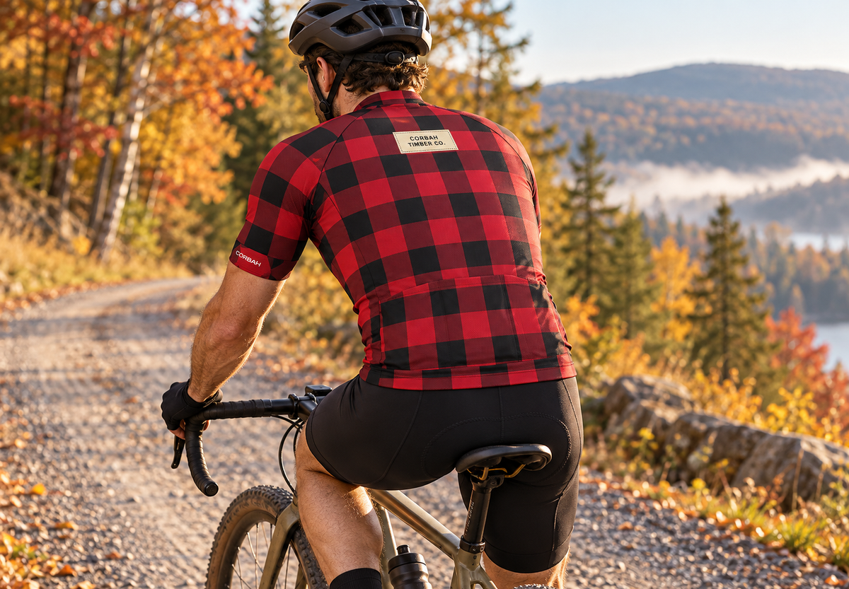 Rider seen from behind on a gravel road in fall, wearing The Lumberjack jersey with the CORBAH TIMBER CO. back label. Bib shorts sold separately.