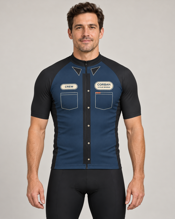 Rider wearing The Mechanic cycling jersey: navy body, charcoal sleeves, printed collar points and button placket, CREW name patch and cream CORBAH CYCLE WORKS badge.
