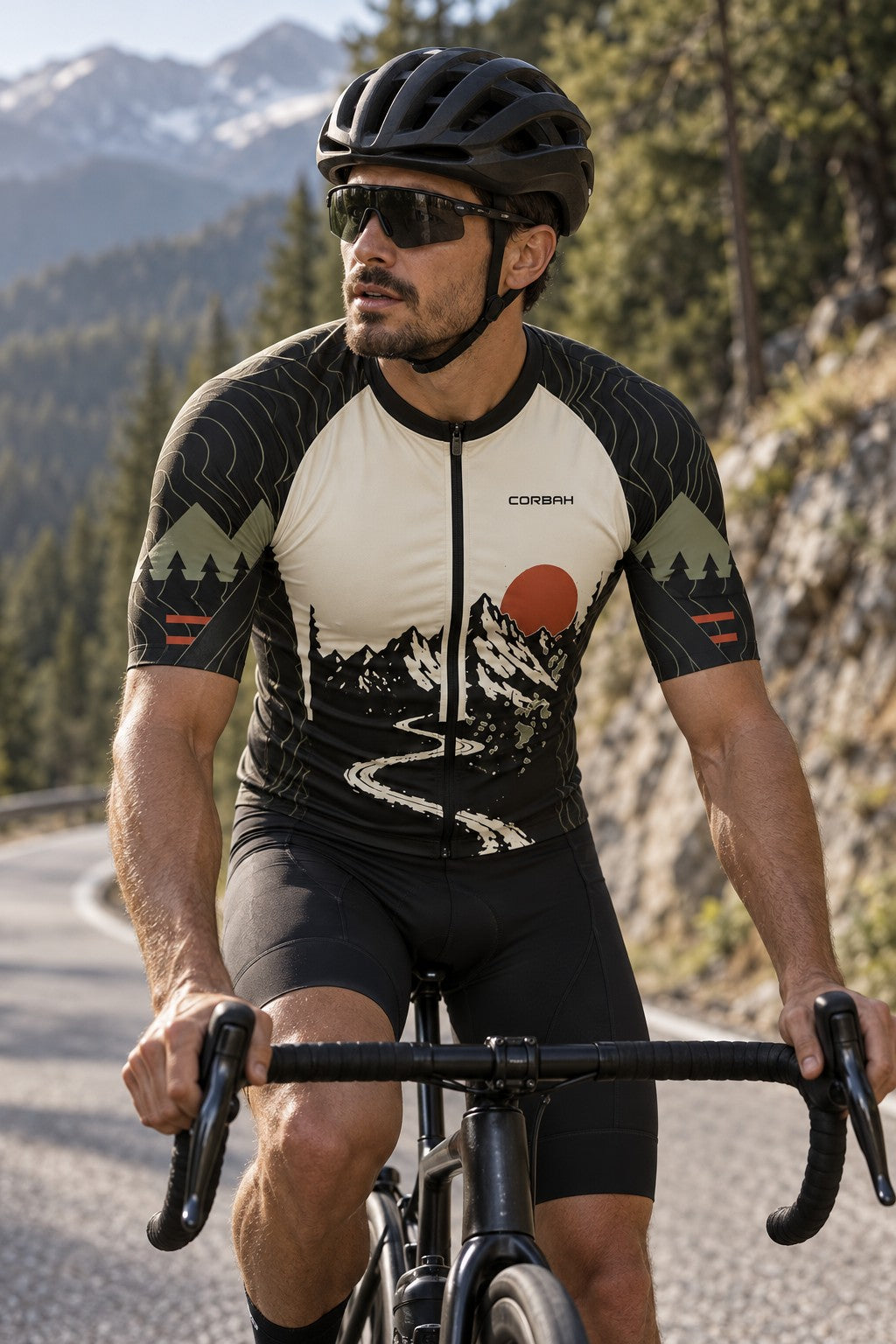 Rider in the Corbah TOUGH jersey on a pine-lined mountain road (AI visualization)