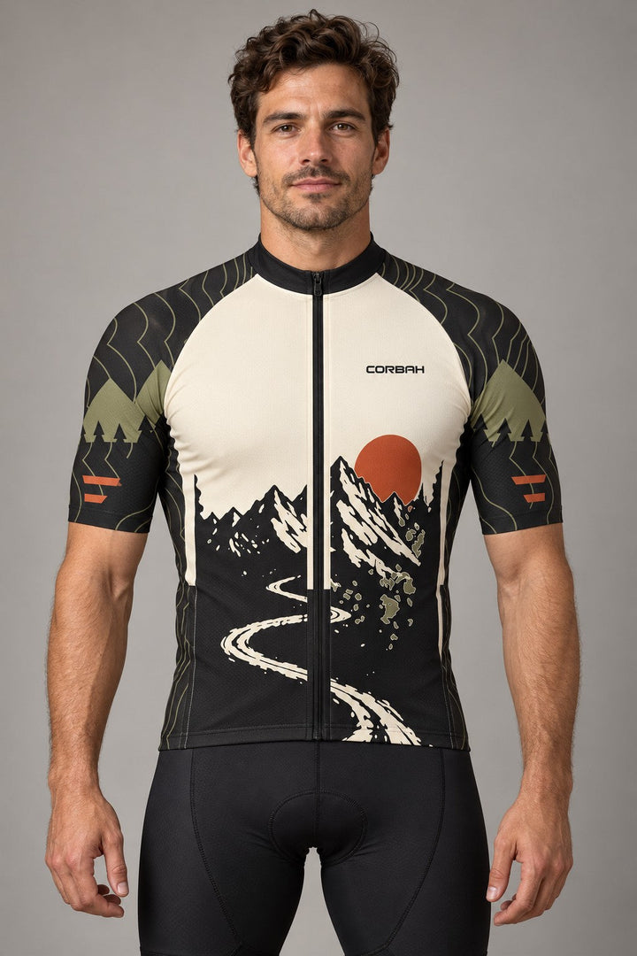 Model wearing the Corbah TOUGH jersey with rust sun, mountain road and topo sleeves (AI visualization)