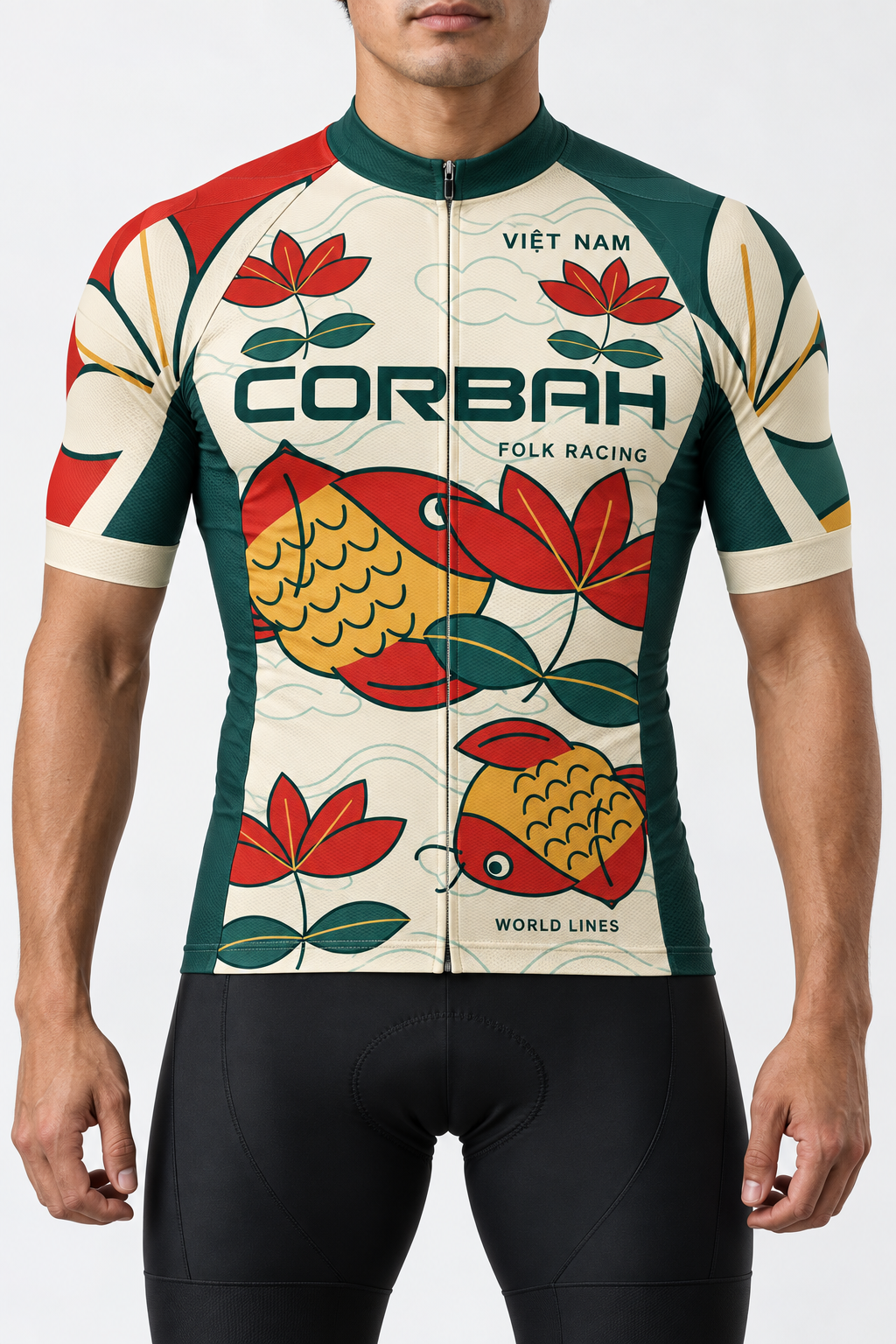 The cream Corbah Việt Nam Folk Racing jersey with golden carp, red lotus and asymmetric red and jade sleeves.