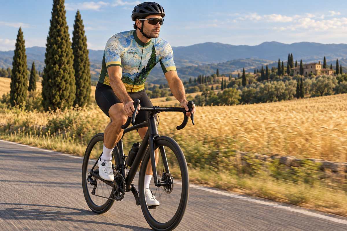 Cyclist in the Corbah Cypress jersey on a countryside road past wheat fields and cypresses