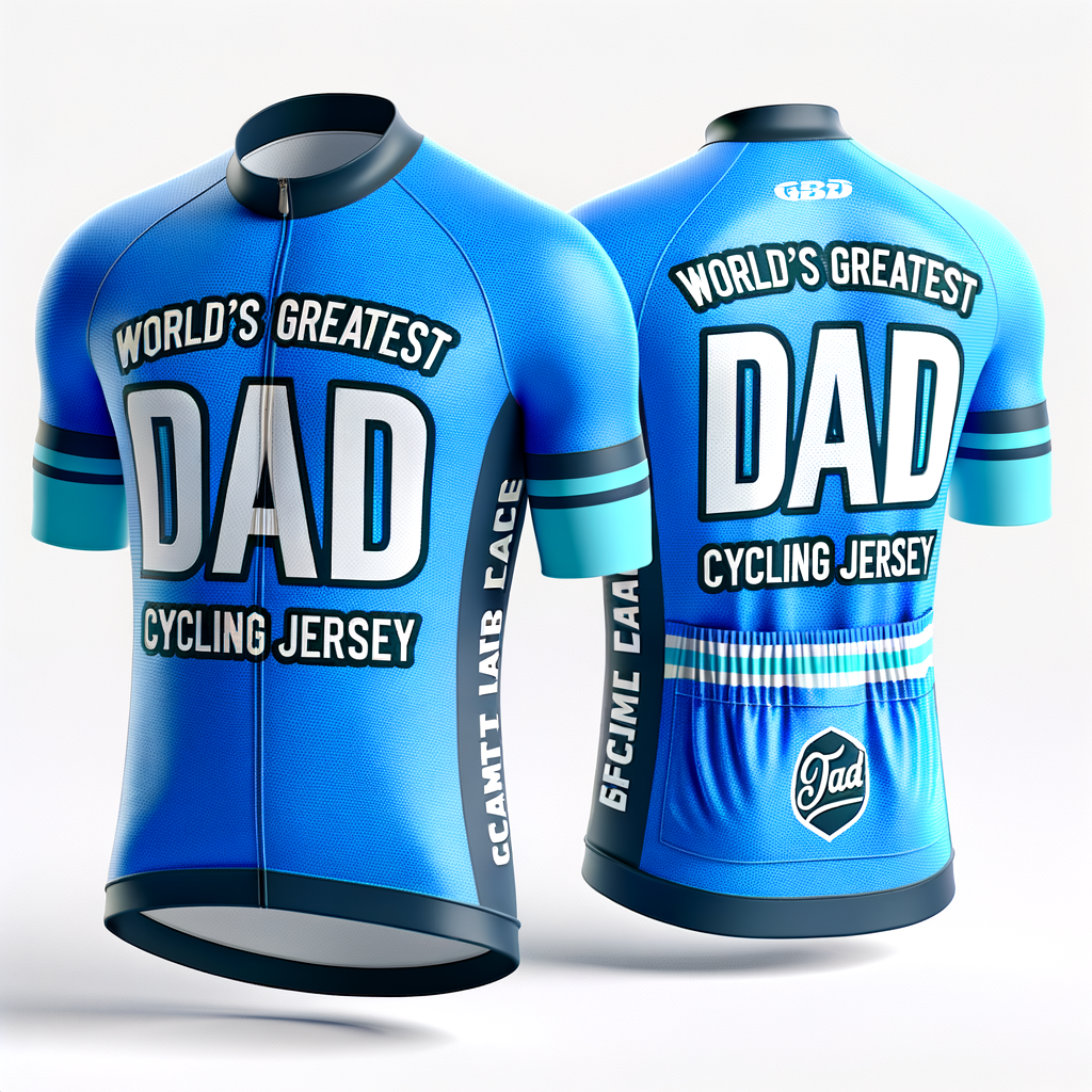 World's Greatest Dad cycling jersey in bright blue with big DAD lettering, front and back.