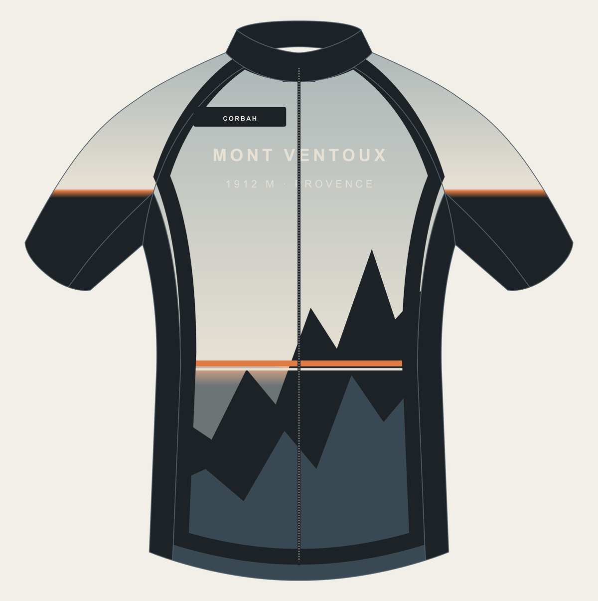 Front of the Corbah Mont Ventoux Mistral cycling jersey: mountain peaks under a limestone sky with a sunrise-orange line