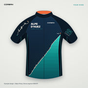Your Ride example: front of a Corbah jersey designed from the L'Alpe d'Huez Strava segment, with the real elevation profile and all 21 hairpins numbered.