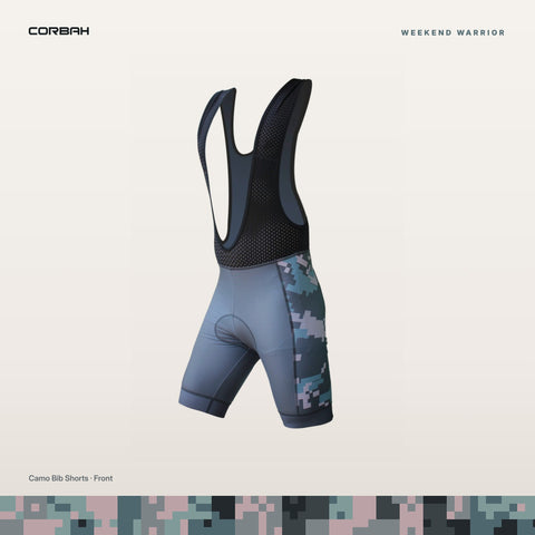 Weekend Warrior bib shorts, front: slate gray with digital camo side panels and black mesh straps.