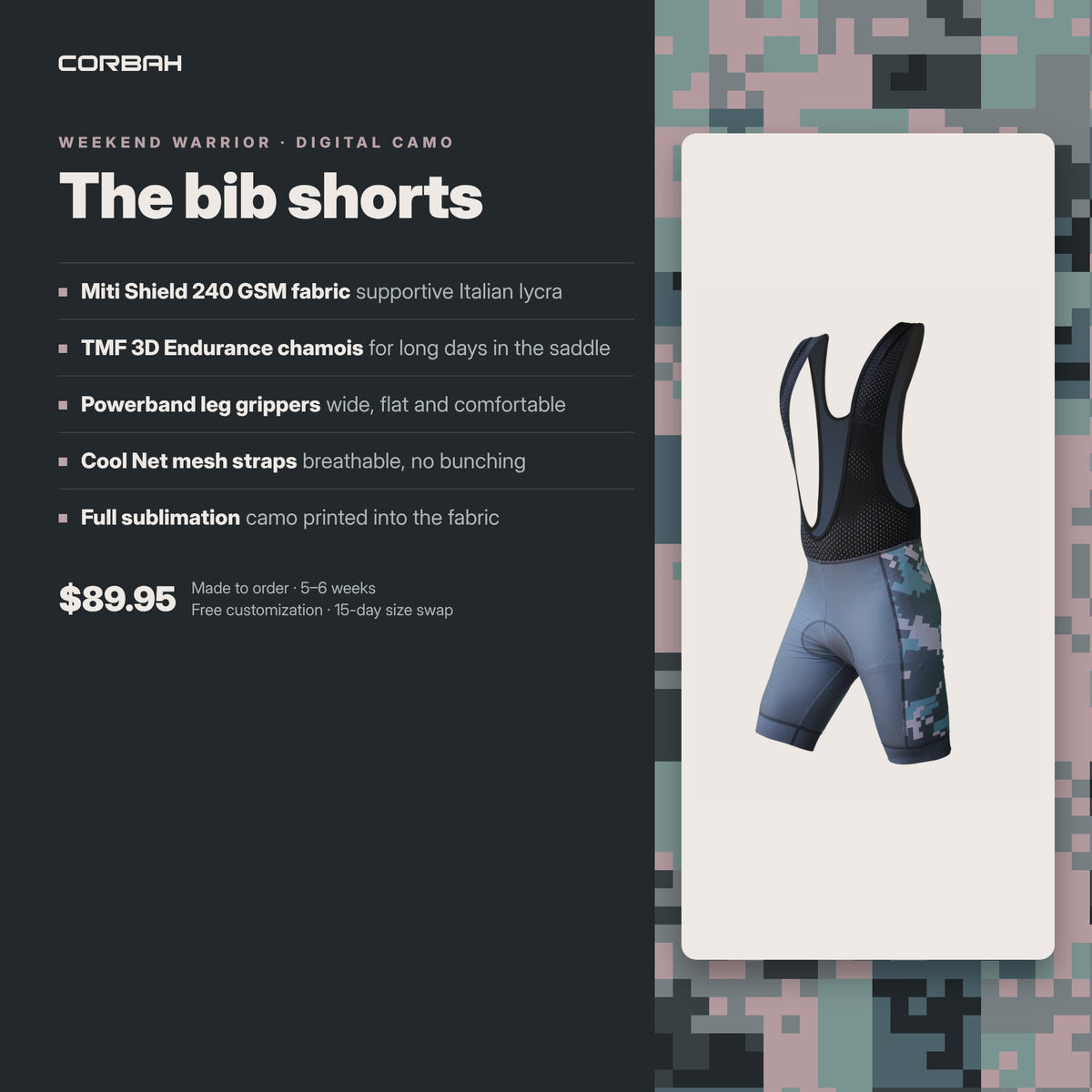 Weekend Warrior bib shorts features: Miti Shield 240 GSM fabric, TMF 3D Endurance chamois, Powerband leg grippers, Cool Net straps. $89.95.