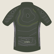 Back artwork of the Contour jersey: a large lilac contour summit between the shoulders with a citron line, contour fields on the sleeves and sides, and a separate contour field on the rear pockets with a chalk CORBAH mark.