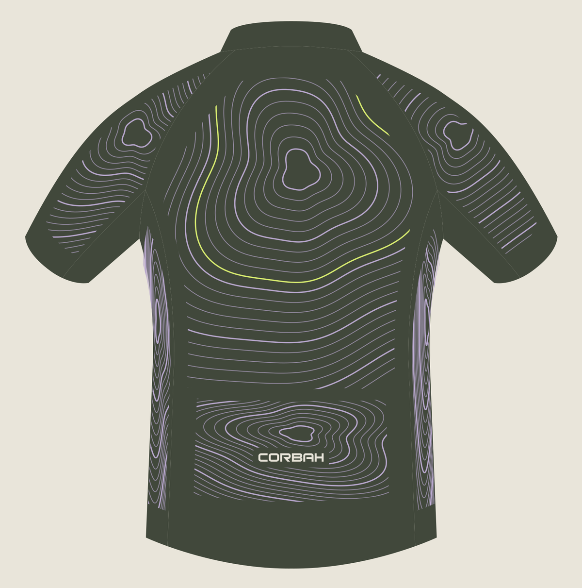 Back artwork of the Contour jersey: a large lilac contour summit between the shoulders with a citron line, contour fields on the sleeves and sides, and a separate contour field on the rear pockets with a chalk CORBAH mark.
