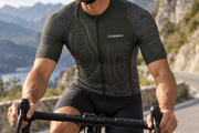 Close-up of the Contour jersey on a rider: lilac contour lines and a citron line on deep olive, the chalk CORBAH wordmark and the full front zip.