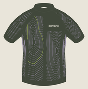 Front artwork of the Contour jersey: a dense lilac contour summit with a citron line on the wearer's right, a quieter contour field under the chalk CORBAH mark on the left, and contour rings on both sleeves, on deep olive.
