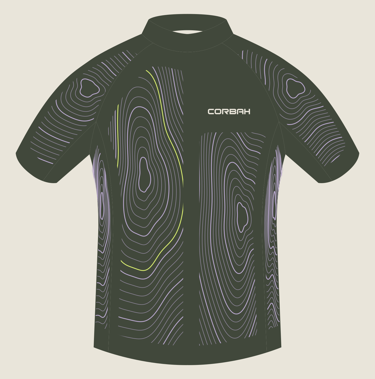 Front artwork of the Contour jersey: a dense lilac contour summit with a citron line on the wearer's right, a quieter contour field under the chalk CORBAH mark on the left, and contour rings on both sleeves, on deep olive.