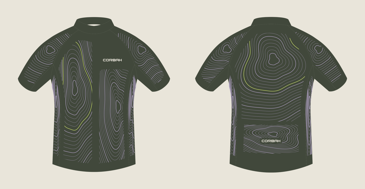 The Contour jersey artwork, front and back side by side on a chalk background.