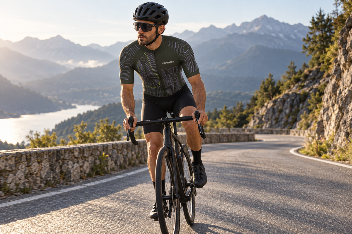 Cyclist in the olive and lilac Contour topographic jersey climbing a mountain road above a lake. Bib shorts sold separately.
