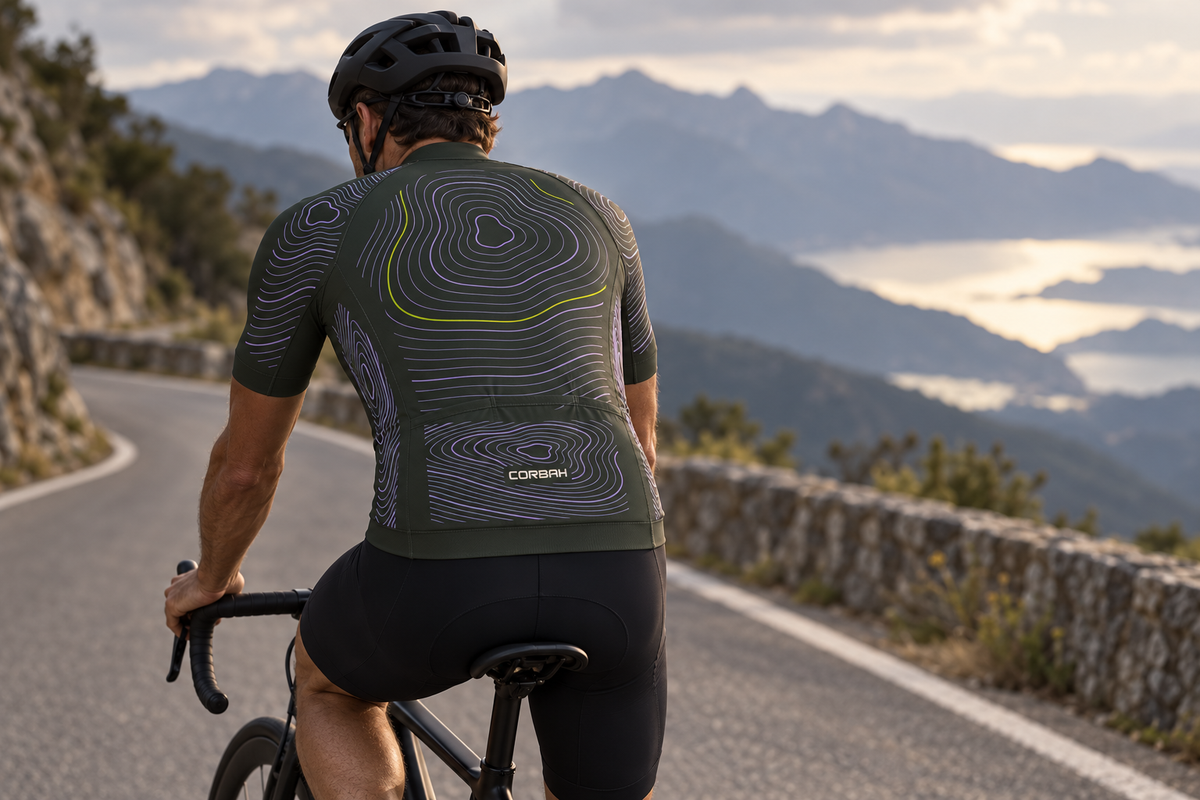 Rider seen from behind on a stone-walled mountain road, showing the Contour jersey's lilac contour summit, citron line and CORBAH mark on the rear pockets. Bib shorts sold separately.