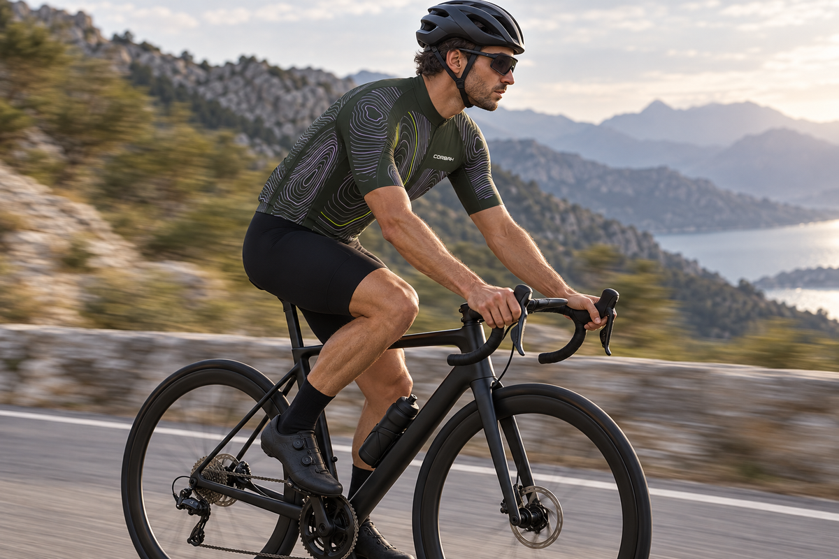 Side view of a cyclist riding a mountain road in the deep olive Contour jersey with lilac contour lines. Bib shorts sold separately.