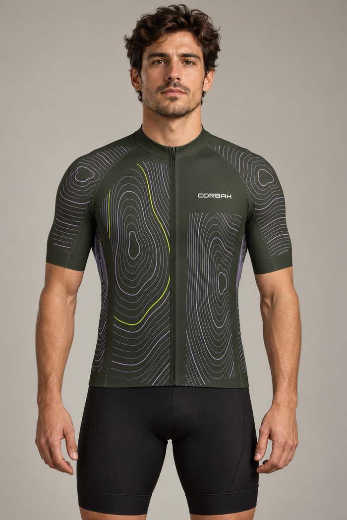 Rider wearing the Contour cycling jersey: deep olive with flowing lilac topographic contour lines, one citron contour and a small chalk CORBAH wordmark on the chest. Bib shorts sold separately.