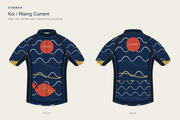 Front and back vector proof of the Corbah Koi / Rising Current cycling jersey in indigo, ivory, vermillion and gold.