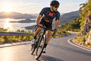 Cyclist riding a bend in the Koi / Rising Current Corbah cycling jersey.