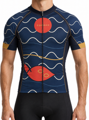 Studio model wearing the Koi / Rising Current Corbah cycling jersey.