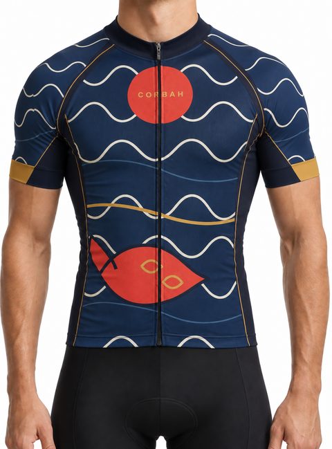 Studio model wearing the Koi / Rising Current Corbah cycling jersey.