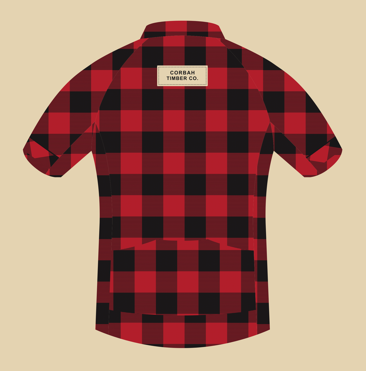 Back artwork of The Lumberjack jersey: red and black buffalo check, tan CORBAH TIMBER CO. label and three rear pockets.
