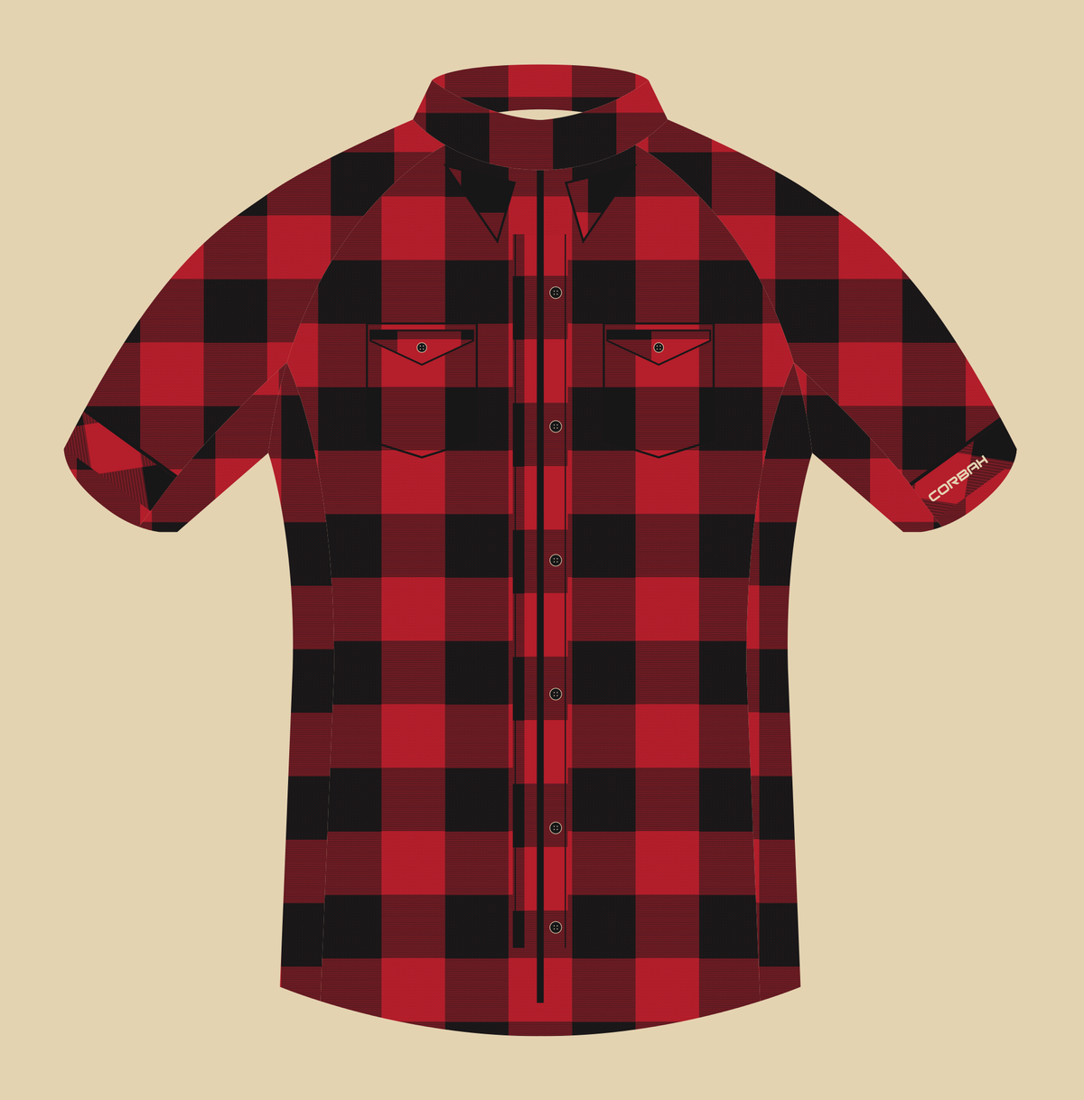 Front artwork of The Lumberjack jersey: buffalo check, printed placket and buttons beside the zip, twin flap chest pockets, rolled cuffs and CORBAH on the left sleeve.