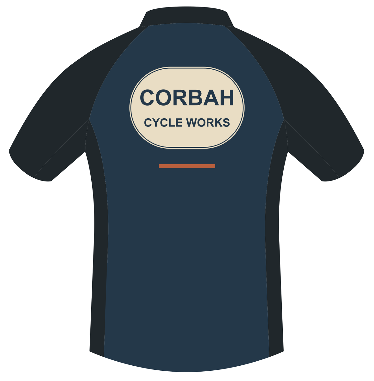 Back artwork of The Mechanic jersey: large cream CORBAH CYCLE WORKS oval badge with a rust dash below, on navy with charcoal sleeves and sides.