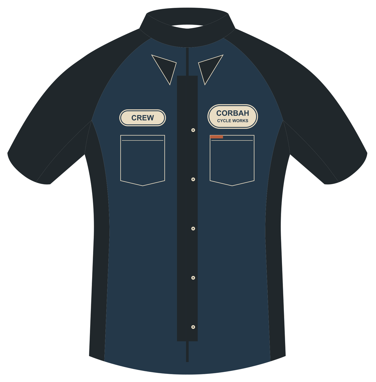 Front artwork of The Mechanic jersey: navy body with charcoal raglan sleeves and sides, printed collar points, five buttons beside the zip, twin chest pockets with a rust tab, CREW name patch and CORBAH CYCLE WORKS badge.
