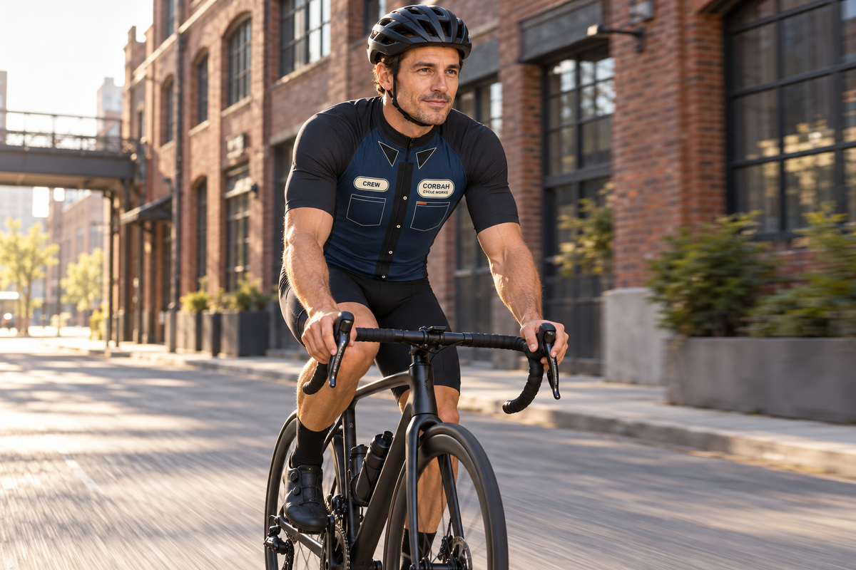 Cyclist in The Mechanic navy and charcoal work-shirt jersey riding past brick warehouses in morning sun. Bib shorts sold separately.