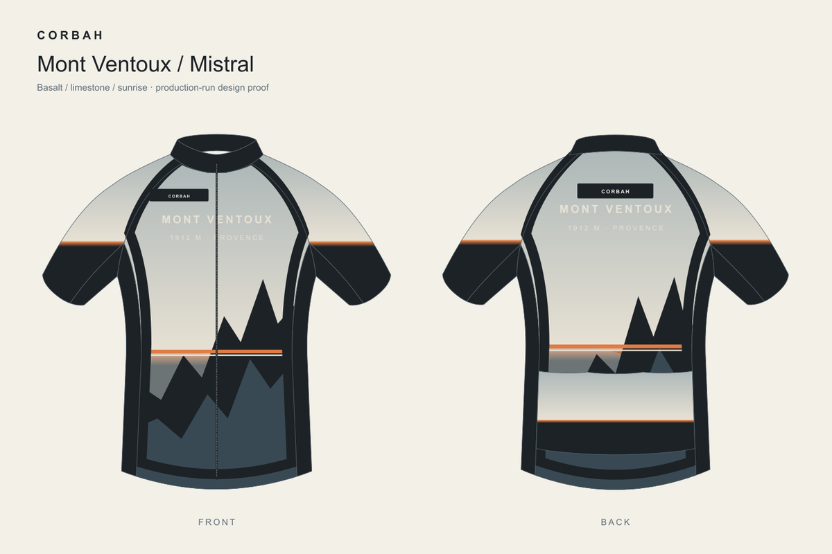 Front and back design proof of the Corbah Mont Ventoux Mistral cycling jersey in basalt black, limestone, slate and sunrise orange.