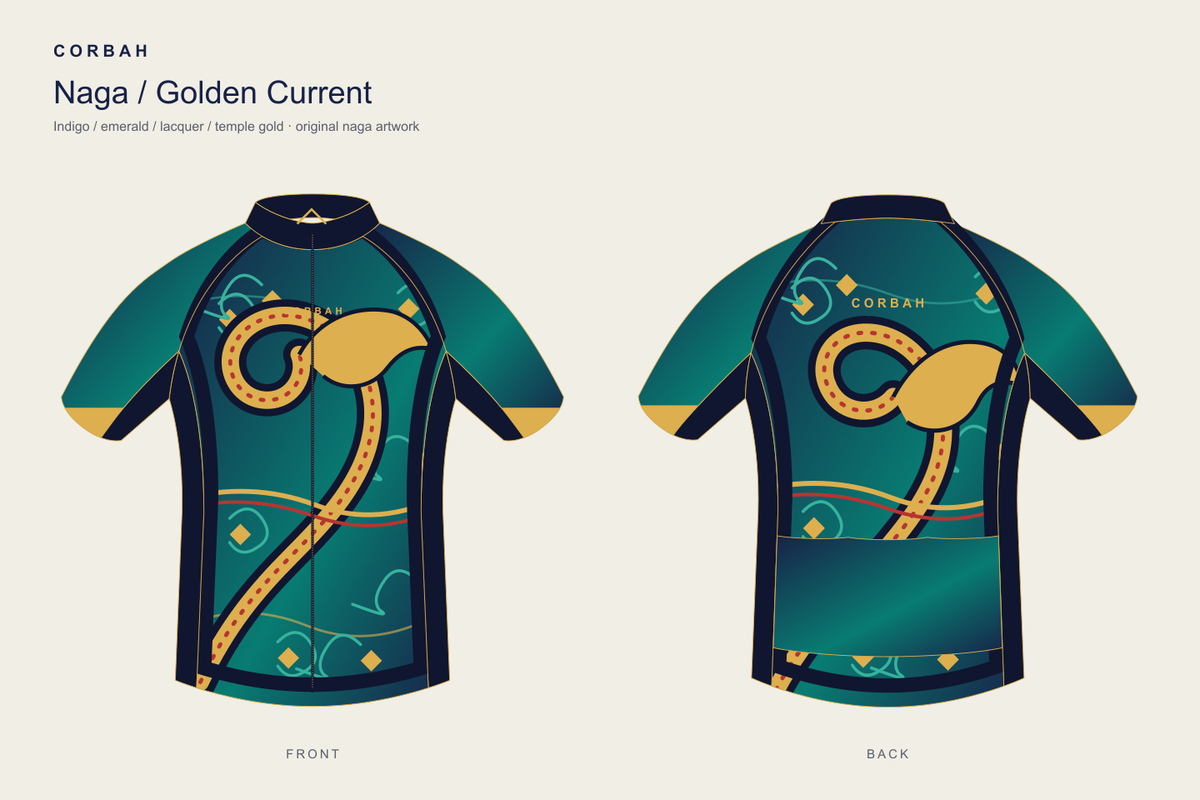 Front and back vector proof of the Corbah Naga / Golden Current cycling jersey in indigo, emerald, gold and lacquer red.