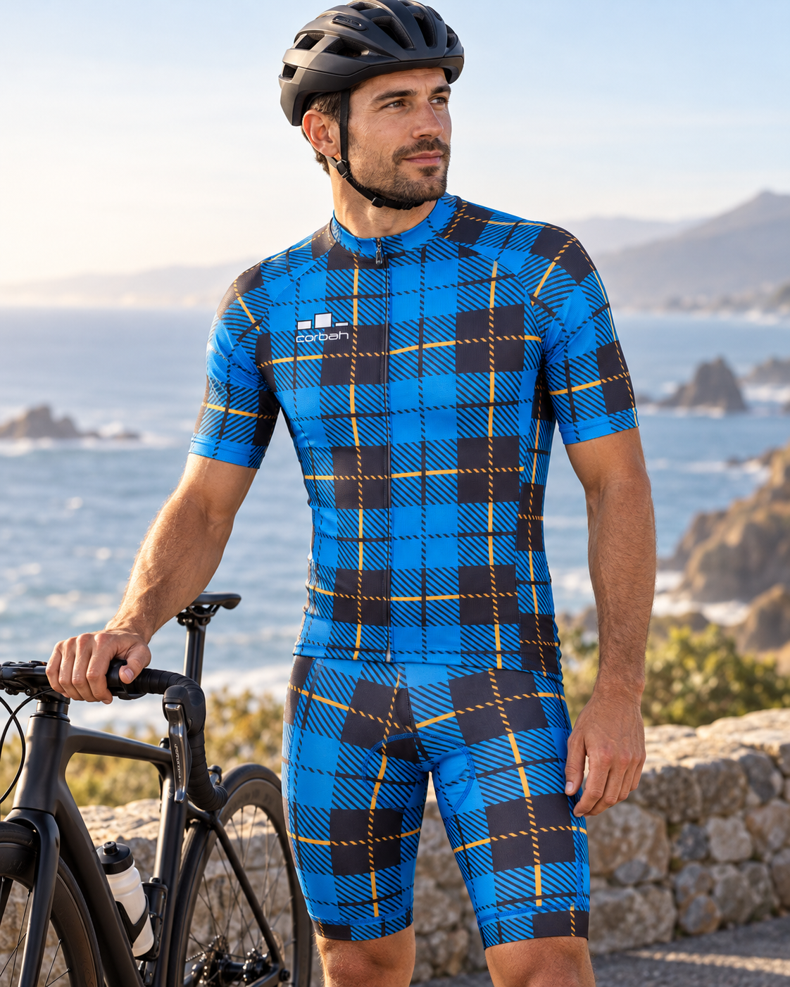 Rider in the Scotsman plaid jersey, shown with the matching bib shorts (sold separately), at a coastal overlook