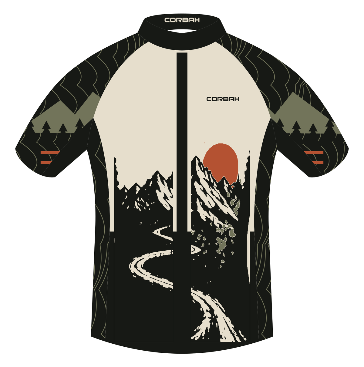 Front artwork of the Corbah TOUGH After the Climb jersey: bone chest with Corbah wordmark, rust sun over ink mountains and a bone switchback road split by a black zip strip, charcoal topo sleeves with olive pine ridges and two rust cuff bars.