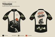 Front and back design proof of the Corbah TOUGH After the Climb jersey with the four-colour palette: ink #171915, bone #E6DECC, olive #72745A and rust #B45232.