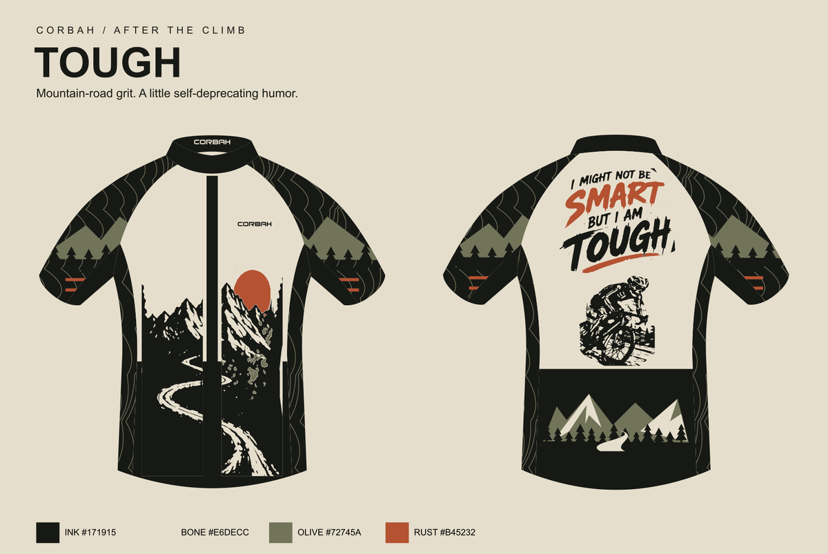 Front and back design proof of the Corbah TOUGH After the Climb jersey with the four-colour palette: ink #171915, bone #E6DECC, olive #72745A and rust #B45232.