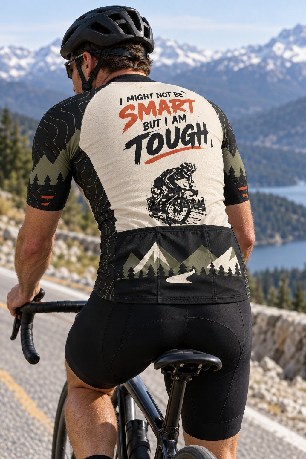 Rear view of a rider in the Corbah TOUGH jersey above an alpine lake, showing the I MIGHT NOT BE SMART BUT I AM TOUGH slogan, rider graphic and mountain scene on the pockets (AI visualization; bib shorts not included).