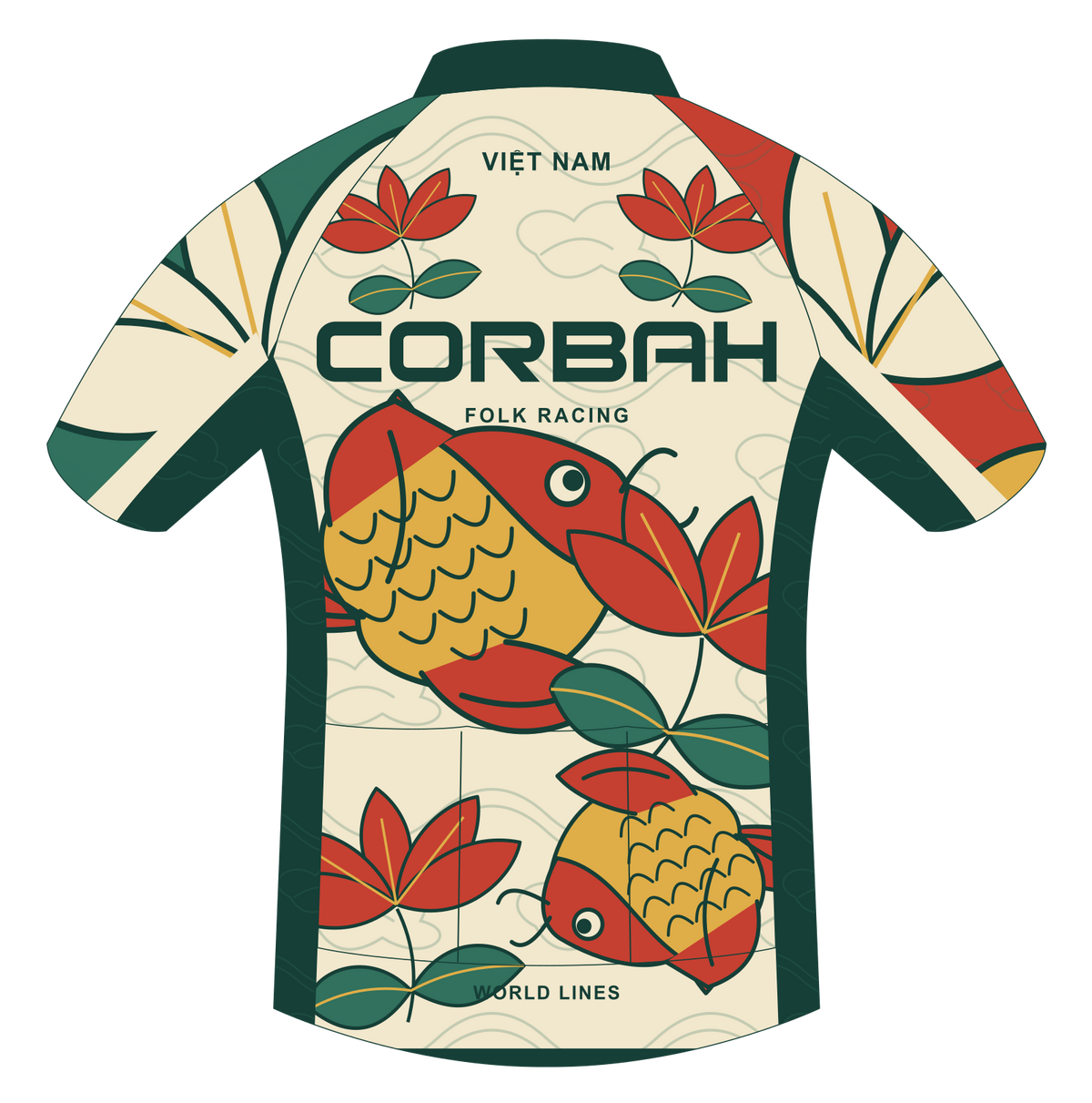 Back artwork of the Corbah Việt Nam Folk Racing jersey with carp and lotus continuing across the rear pockets.