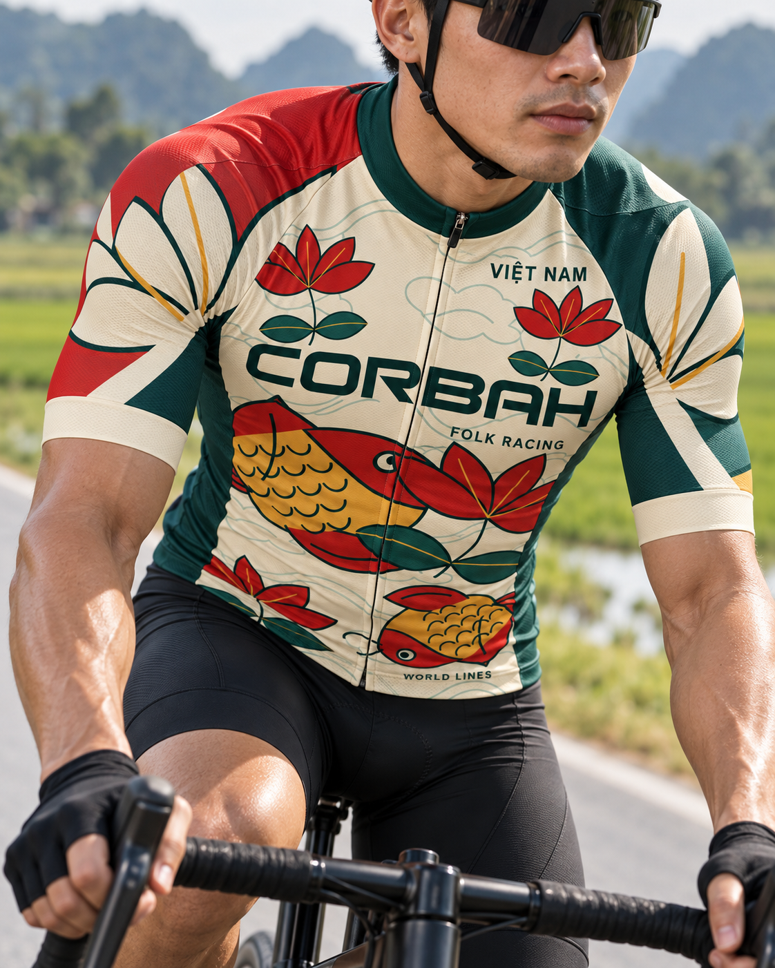 Close riding visualization of the Việt Nam jersey sleeve, lotus motif, zipper and fabric folds.