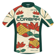 Front artwork of the Corbah Việt Nam Folk Racing jersey: CORBAH race lettering, golden carp, red lotus and jade water on shell cream.