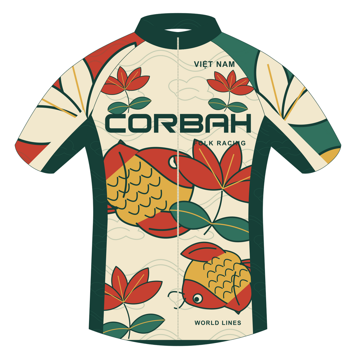 Front artwork of the Corbah Việt Nam Folk Racing jersey: CORBAH race lettering, golden carp, red lotus and jade water on shell cream.