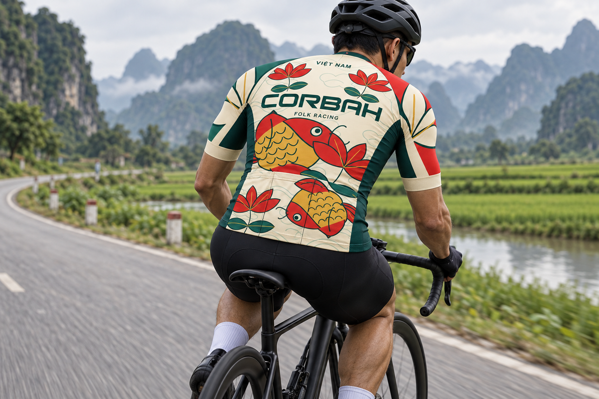 Rear riding visualization showing the Corbah wordmark and folk-print artwork across the jersey back and pockets.