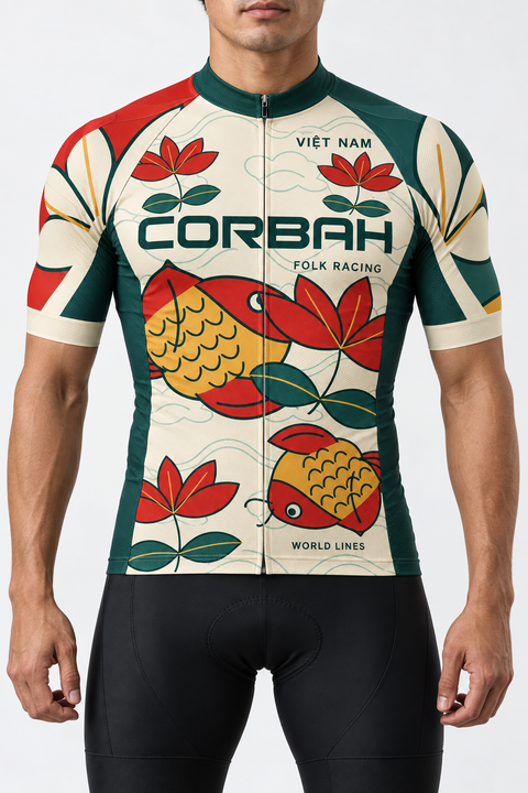 A male model wearing the cream Corbah Việt Nam jersey with carp, lotus drawings and asymmetric red and jade sleeves.