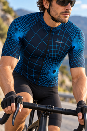 Close riding detail of the Wormhole wireframe grid, zipper and sleeve fields. AI visualization.