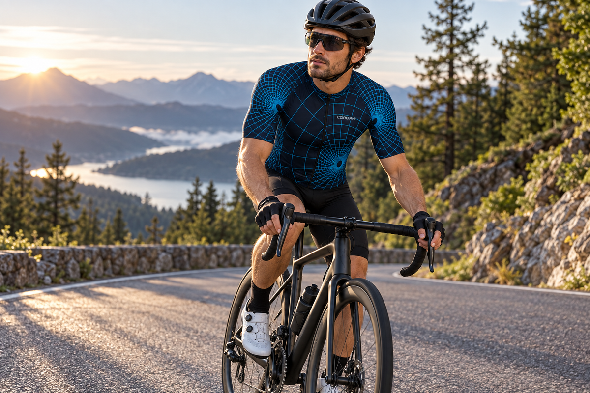 Front three-quarter view of a cyclist climbing in the Wormhole jersey. AI visualization.